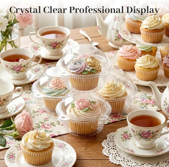 VGOODALL 50Pack Individual Cupcake Containers with Lid, 4.3 x 3.2 Inches Plastic Clear Cupcake Holder for Wedding Baby Shower Birthday Party Supply