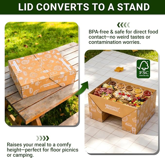 Cute Cardboard Charcuterie Boards with Lid Heavy Duty 10PK, Oil-Proof Pastry Box w/ Wax Paper, Disposable Platter Box Compostable for 4-8 People, Catering Travel Picnic Bakery TakeOut 13"x10"x4"