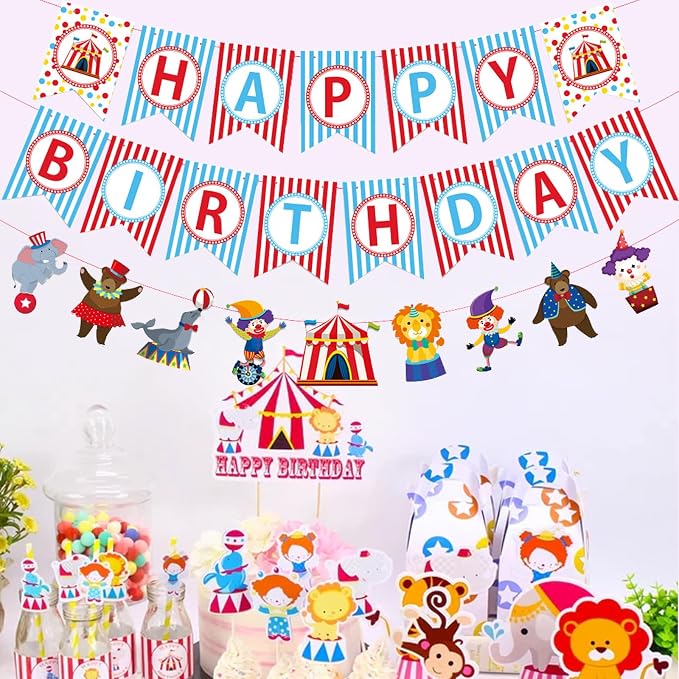 Zwiebeco Circus Happy Birthday Party Decoration Banner Hanging Colorful Paper Amusement Park Theme Bunting Sign for Boys Girls Babys Kids Funfair Carnivals Accessories Supplies