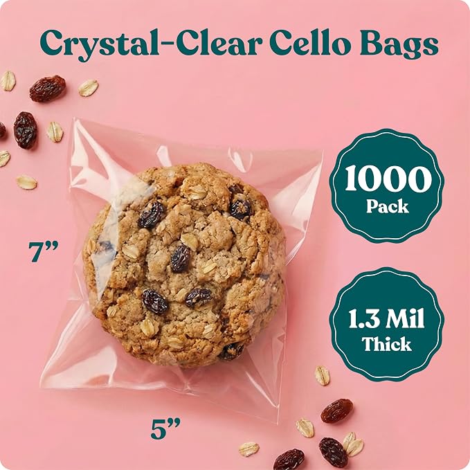 5" X 7" Self Sealing Cellophane Bags (1000 Pack) - Clear Cookie Bags With Seal for Baked Goods Packaging, Cookie Wrappers, Bakery Packaging, Bake Sale, Candy, Treats, Goodies, Gifts, Party Favors