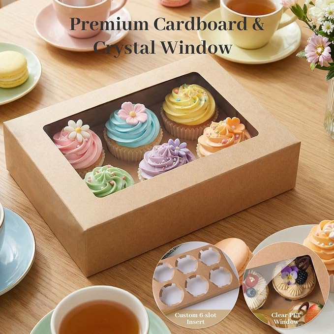 HANSGO 6 PCS Cupcake Boxes, 9.5x6.3x3.5 Inch Cupcake Containers Brown Pastry Boxes with Inserts 6 Holders for Muffins Pastry Strawberry, Party Supplies