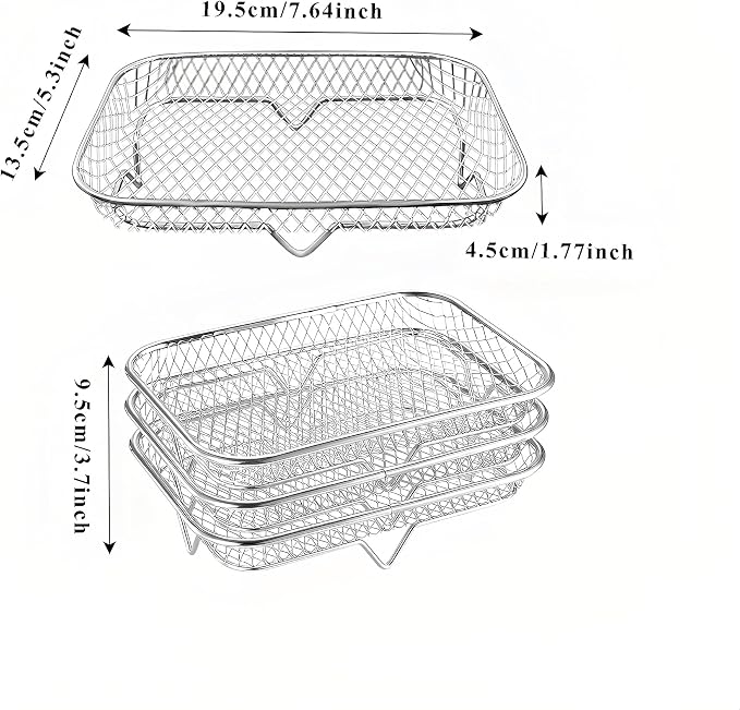 7.6 x 5.3 Inch Air Fryer Rack Set of 3 - Stackable Stainless Steel Air Fryer Basket Accessories for Baking Oven Steamer, Rectangle