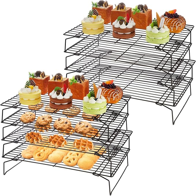 meekoo 2 Pack 4 Tier Cooling Rack Stackable Collapsible Folding Legs Stainless Steel Wire Rack for Baking Cooking Drying Roasting Cookies Bread Meat, 16 x 10 Inch