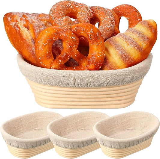 Set of 4 Bread Proofing Basket 8 Inches Oval Shaped Sourdough Bread Proofing Bowl with Liner Rising Rattan Banneton Bowl for Dough Baking