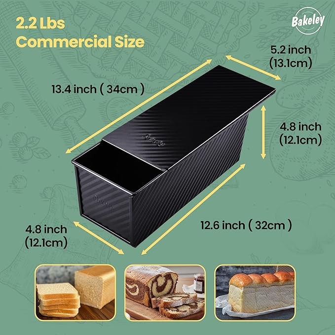 Commercial Pullman Loaf Pan with Lid, 2.2Lb Dough Capacity Non-Stick Rectangle Corrugated Carbon Steel Bread Toast Mold with Cover for Baking Bread (Black)