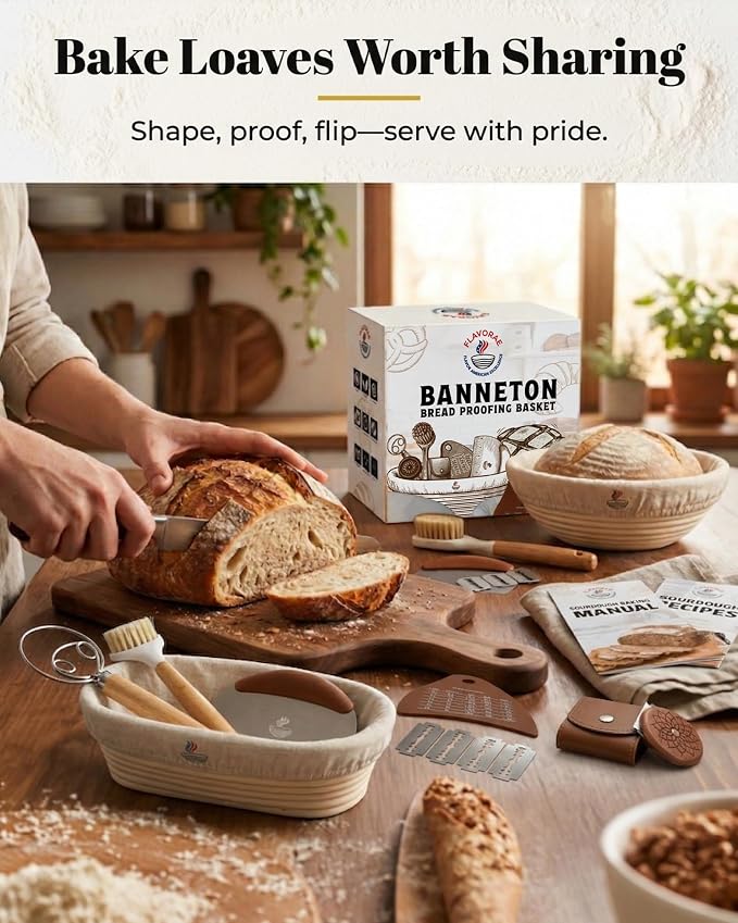 Banneton Bread Proofing Basket with Liners - Natural Rattan Dough Riser & Sourdough Starter Kit, Artisan Bread Loaves, Homemade Bread Making - 9” Round & 10" Oval Basket - 2 Pack