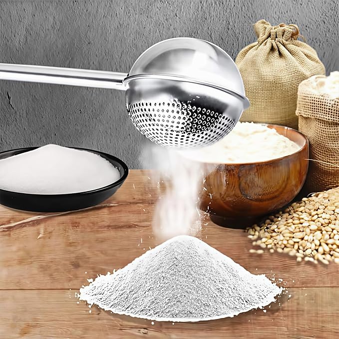 2Pcs Flour Sifter for Baking, One-hand Operation Sugar Shaker Stainless Steel | Long Handle Flour Sifter with Tray, Sourdough Bread Baking Supplies, Fine Mesh Holes, For Stirring, Gift Package