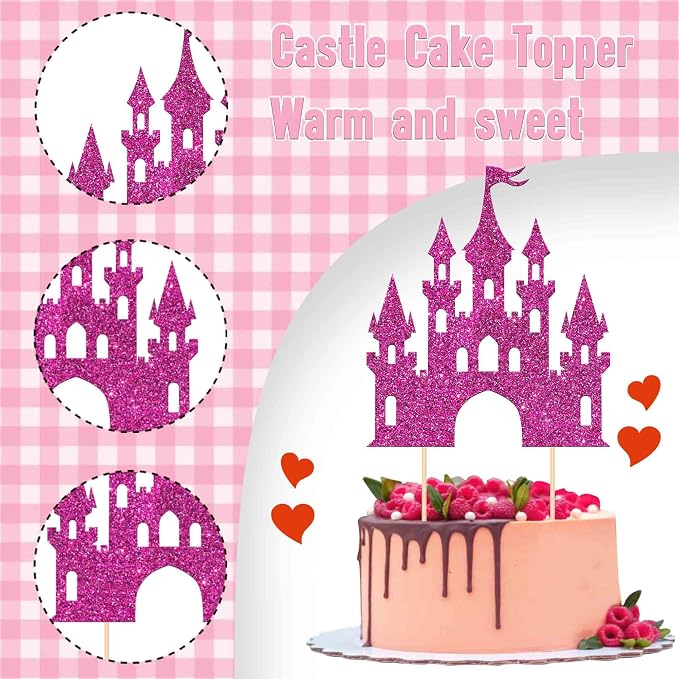 1 PCS Castle Cake Topper Glitter Princess Cake Topper Castle Theme Birthday Party Decoration Princess Happy Birthday Cake Decoration for Baby Shower Girls Princess Birthday Party Supplies Rose Red