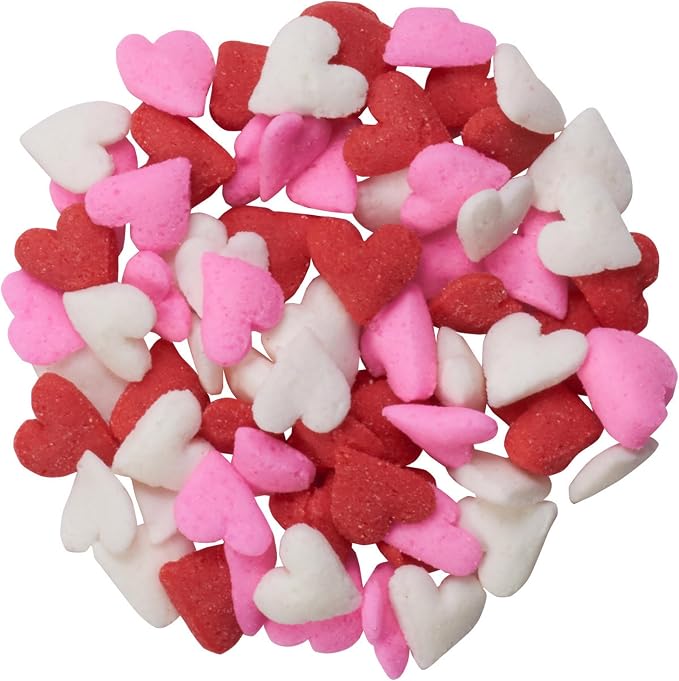 DECOPAC Valentine's Day Quins, 18oz, Fancy Sprinkles In Heart Shapes, Candy Sprinkles in Handheld Container, Edible Sprinkles For Celebration Cakes, Cupcakes, Cookies