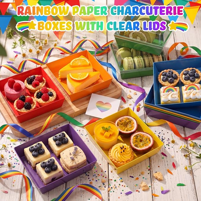 Vesici 144 Pcs 5 Inch Rainbow Small Charcuterie Boxes with Clear Lids Gay Pride Cake Slice Containers Paper Bakery Boxes Disposable Food Containers for Dessert Cookie Sandwich Mini Cake Strawberry