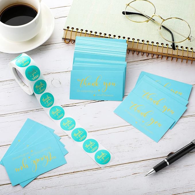 Outus 620 Pieces Thank You for Supporting My Small Business Cards and Stickers Set, Thank You Gold Foil Stickers with Resealable Packaging Bag for Business Owners Packaging Supplies (Blue)