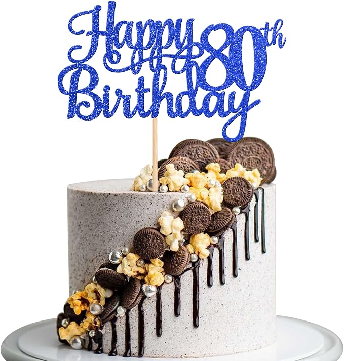 1 PCS Happy 80th Birthday Cake Topper Glitter Cheers to 80 Years Birthday Cake Pick Eighty 80 Fabulous Cake Decoration for Happy 80th Birthday Theme Party Decorations Supplies Blue