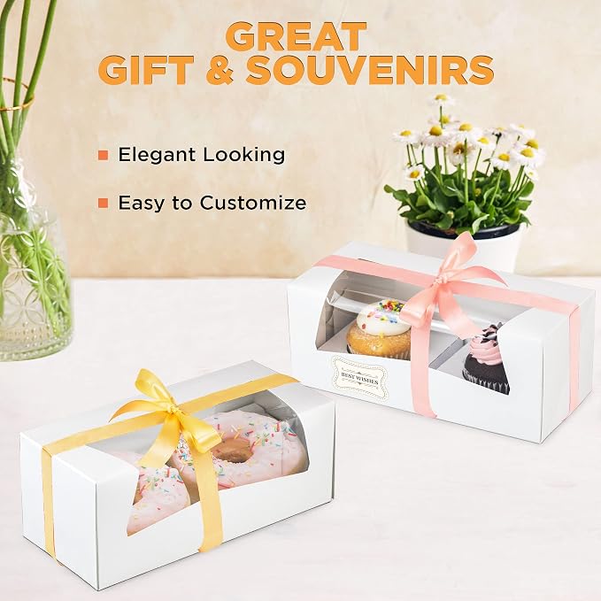 Fit Meal Prep 25 Pack 9 x 4 x 3.5 Inches White Bakery Boxes with Window, Auto-Popup Cardboard Gift Packaging and Baking Containers, Cupcake, Cookie and Loaf Bread Boxes