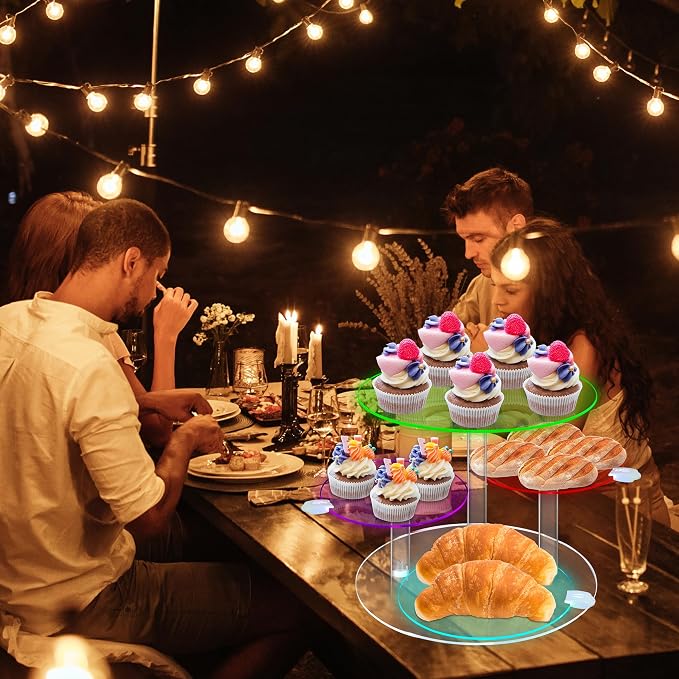 Cake Stand with Rechargable Light, 4 Tier LED Acrylic Cupcake Stand, Round Cake and Cupcake Stand Combo, Clear Tiered Cake Tower Stands for 50 Cupcakes, Display Stand for Wedding Birthday Party