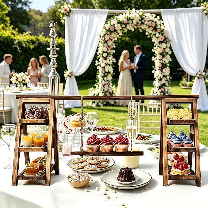 3-Tier Ladder Cupcake Display Stand Foldable Rustic Dessert Table Serving Tray Wooden Snack Platter Tower Food Holder for Cake Donut Fruit Cookie Party Wedding Birthday Baby Shower
