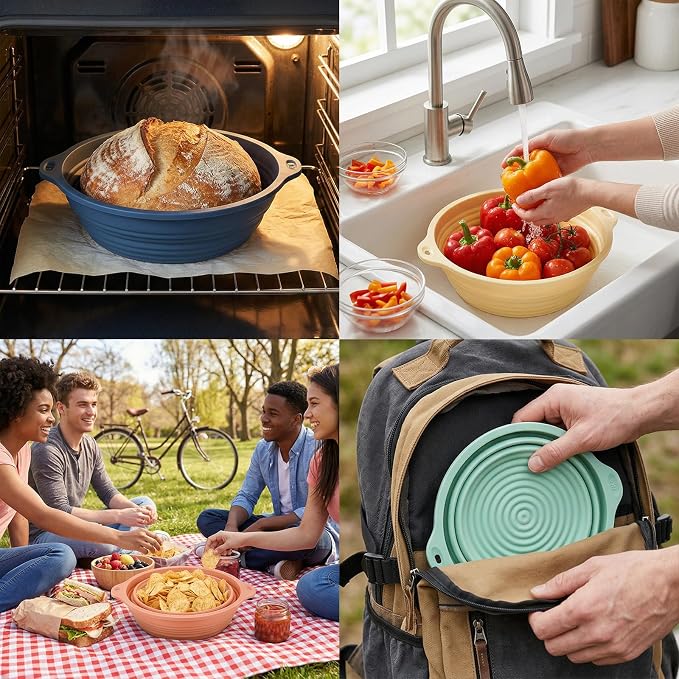 4-Pack Silicone Banneton Bread Proofing Baskets, 9.3-Inch Round Foldable Dough Bowls with Reinforced Rim, Oven & Dishwasher Safe, BPA-Free (Green, Blue, Pink, Beige)
