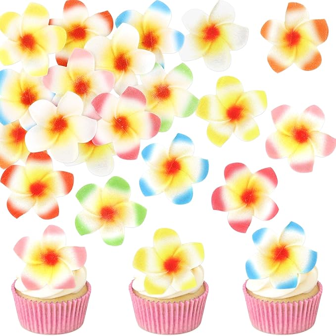 40Pcs Edible Frangipani Cupcake Toppers Edible Summer Hawaii Flowers Cupcake Picks for Hawaiian Floral Bridal Shower Engagement Wedding Cake Decors Hawaii Girls Birthday Party Decorations