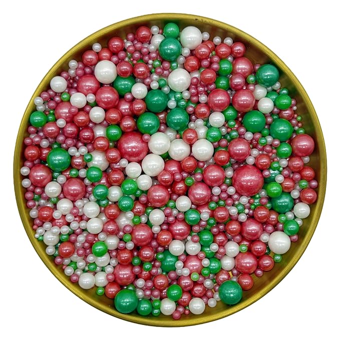 Dynastang Mixed Size Red & Green & White Pearls Sprinkles Edible Pearls Cake Decorating Pearls Cake Decorations Cupcake Toppers Cookie Decorating Perfect for Cakes, Cupcakes, Desserts Toppings 3OZ