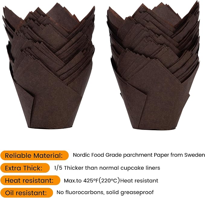 Bake Choice Nordic Paper100pcs Extra Large Size Brown Tulip Cupcake Liners for Baking Cups EU Parchment paper Tulip Muffin Liners, Jumbo Cupcake Wrapper for Party, Christmas