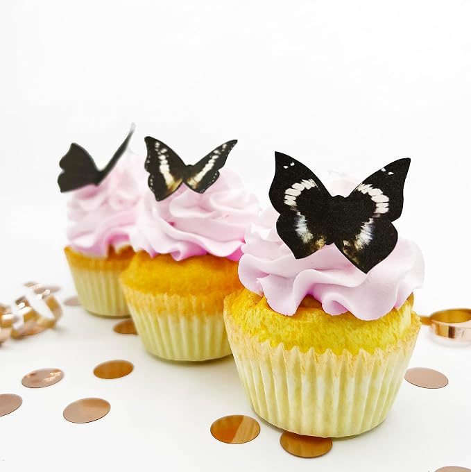 Sugar Robot Inc. Edible Butterflies Small Size Premium Crafted Made in the USA Cake and Cupcake Toppers, Decoration (black) set of 24