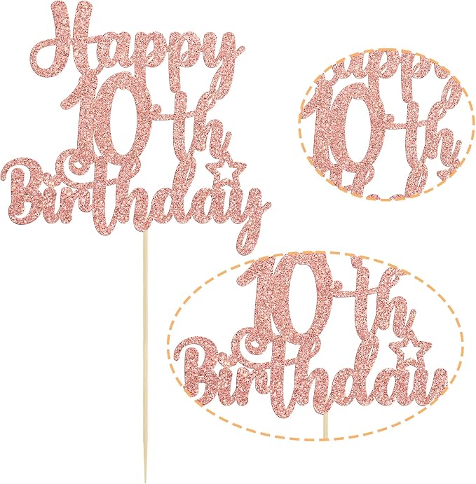 Gyufise 1Pc Happy 10th Birthday Cake Topper Glitter 10 & Fabulous Cheers to 10 Years Old Birthday Cake Pick for Celebrating 10th Birthday Anniversary Party Cake Decorations Supplies Rose Gold