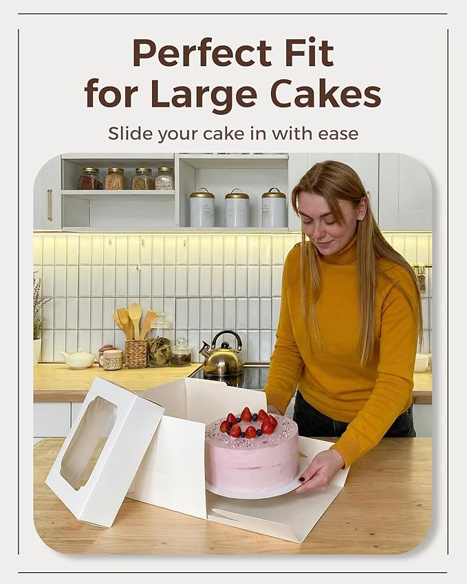 12x12x6 inch Cake Boxes 20 pcs, Large 12 inch Cake Box with Window for 6 Inch Tall Large Bakery Cakes, Pies, Sturdy Square White Cardboard, Cake Decorating Supplies (80 Pcs Stickers)