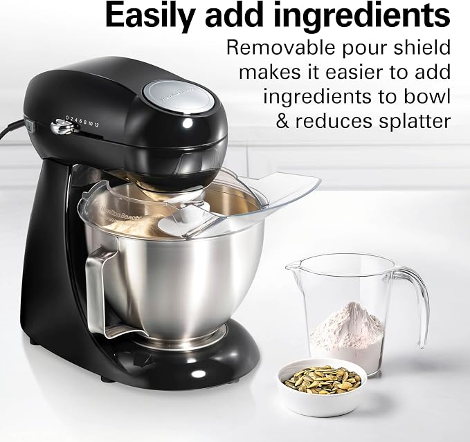 Hamilton Beach Die-Cast Metal Classic Electric Stand Mixer, 12 Speeds | 4.5-Quart Stainless Steel Bowl, Includes Flat Beater, Whisk, Dough Hook & Pour Shield, Powder-Coated Black Finish (63227N)