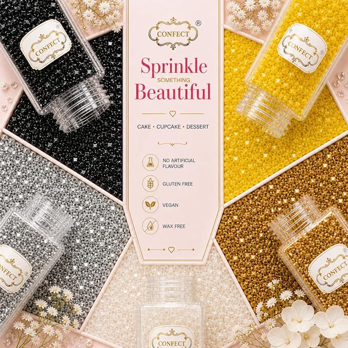 Confect Sparkling Sugar Sprinkle Mix – Edible Black, Silver, White, Yellow & Champagne Gold Sugar Crystals – Decorative Baking Toppings for Cakes, Cupcakes & Cookies – Vegan, Gluten-Free, Nut-Free, Soy-Free, Dairy-Free, Palm Oil-Free -Dye-Free-5 Oz