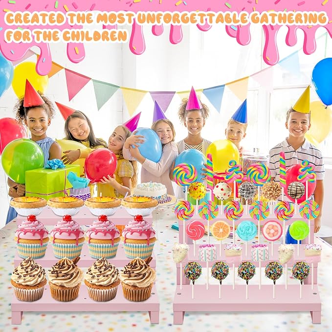 Wood Cake Pop Stands, 3 Tier Lollipop Holders with Twist Ties Lollipop Sticks, Sucker Display Riser for Dessert Table of Wedding Birthday Party (Pink-2P)