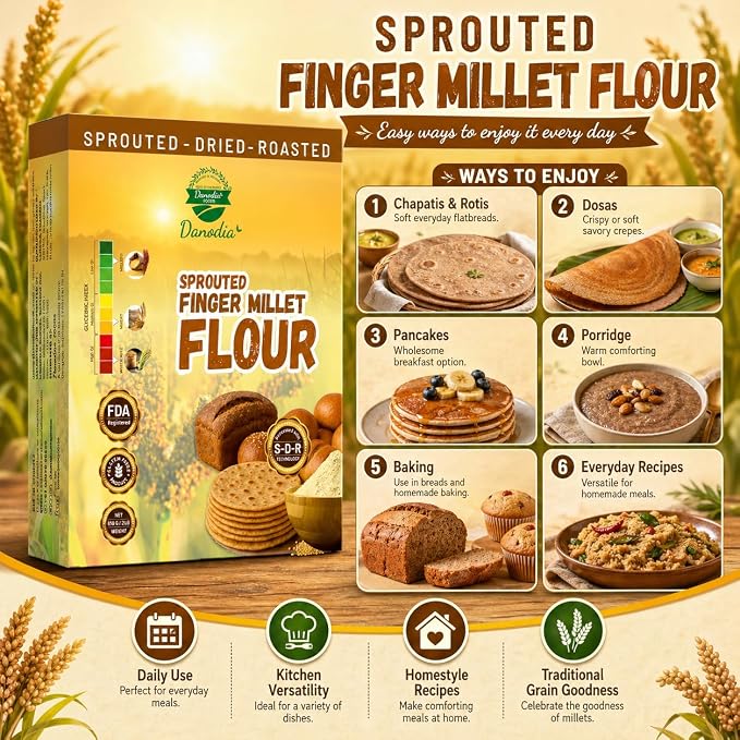 Danodia Foods Organic Finger Millet Flour 2lbs | Gluten Free, Low GI, Sprouted, Roasted & Ground Millet Flour for Flatbread, Pancakes & Baking, Cookies, Pizza Base