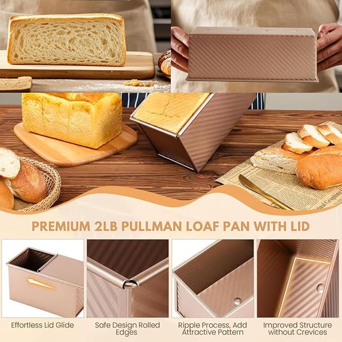 Pullman Loaf Pan with Lid, 2.2Lb 12.5 x 4.6 inch Carbon Steel Bread Pan for Shokupan Japanese Milk Bread, Non-Stick PFOA-Free Silicone Coating, Pain de Mie Sandwich Loaf Tin with 3 Scrapers
