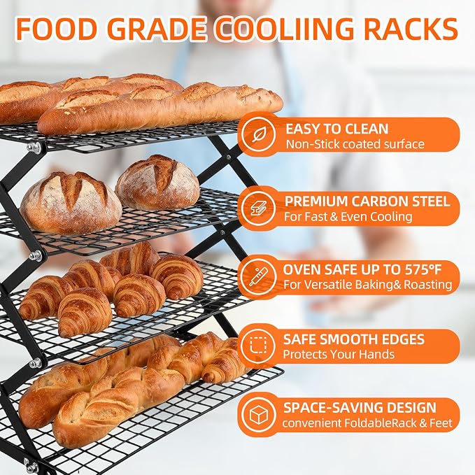 2/3/4-Tier Collapsible Cooling Rack with Adjustable 3 Setting Design Stackable Wire Baking Rack Cooling Racks for Cooking and Baking Roasting Cookies Pizza Gifts for Women