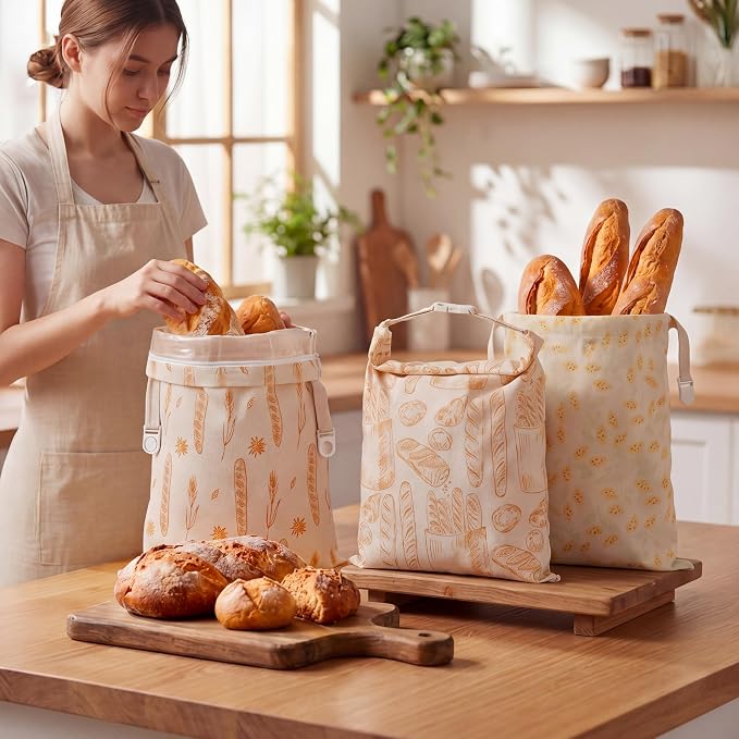 Tallew 3 Pack Beeswax Bread Bags for Sourdough & Homemade Bread 17 x 13'' XL Reusable Organic Linen Beeswax Wraps with Sealing Zip for Fresh Food Storage Loaf Freezer Baker(Classic Style)