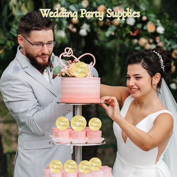 20Pcs Gold Acrylic Wedding Cupcake Toppers Mirror Happy Wedding Cake Toppers for Engagement Party Cake Decorations Round Tags Reusable Acrylic Decorations Flower Decor for Cakes Gift Boxes DIY Crafts