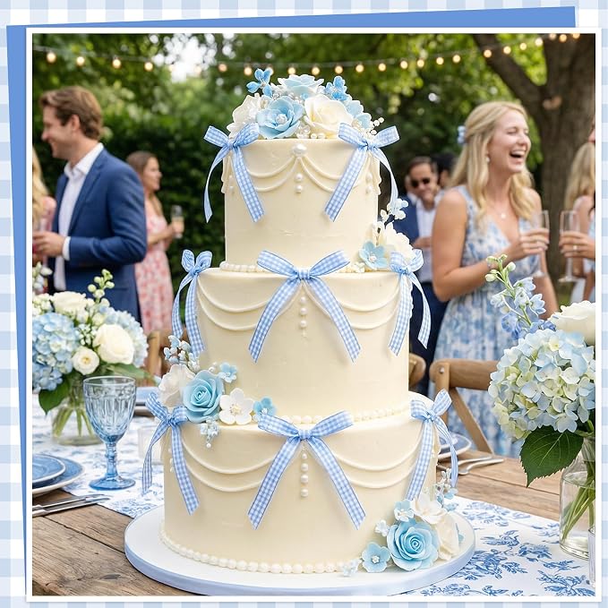 30 Pack Bow Cake Toppers Blue Gingham Ribbons Bows for Cake Bow Cupcake Toppers Blue Gingham Bow Birthday Decorations for Baby Shower Birthday Wedding Party Supplies