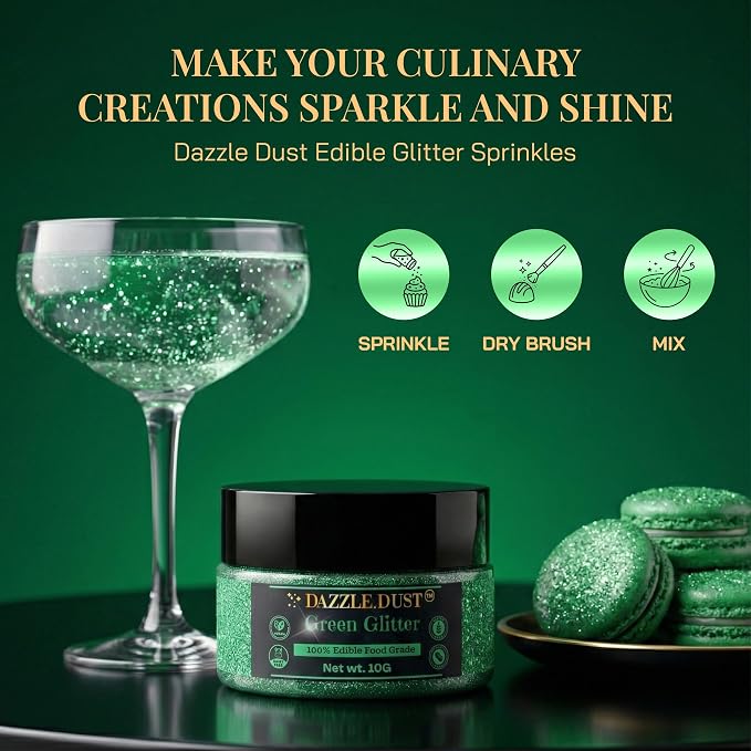 Dazzle Dust Edible Glitter Sprinkles for Cake Decorating, Drinks, Cookie, Icing, Dessert Decorations, Sparkly Luster, Food-Grade, Vegan, Gluten Free, Kosher, Bulk 10g, Green