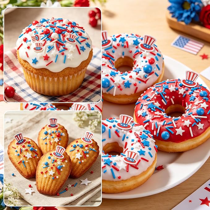 Twisweet Patriotic Sprinkles, Star Striped Hat Sprinkles for Cake Decorating, Edible Red White Blue Sugar Sprinkle Mix, Star-Shaped and Jimmies Baking Candy Bulk, Cupcake Topper Cookie Ice Cream Cake Decorations, 4th of July Independence Day Party Supp...