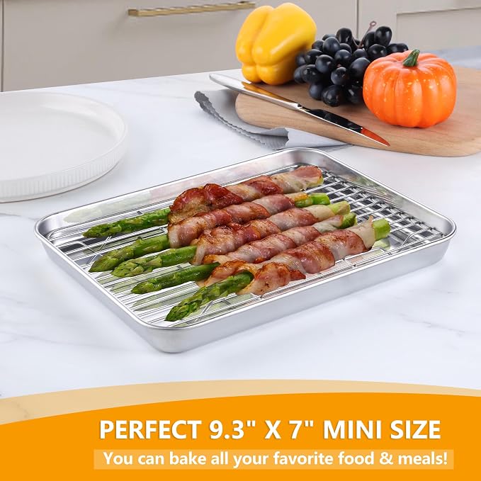 Homikit 9x7 Inches Baking Sheet with Wire Rack Set (2 Pans + 2 Racks) | Stainless Steel Mini Baking Pans with Cooling Racks, Small Metal Cookie Bacon Toaster Oven Tray for Baking, Dishwasher Safe