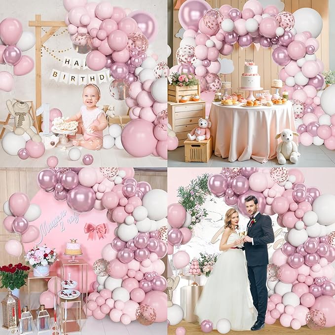 Amandir 153pcs Pink White Balloons Arch Garland Kit, Different Sizes 18 12 10 5inch Pastel Light Latex Metallic Confetti Pink Balloons Valentines Shower Wedding Bow Coquette Birthday Party Decorations