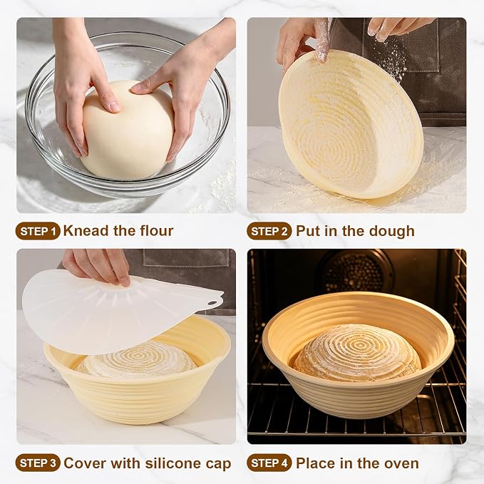 4 Pack Silicone Banneton Bread Proofing Baskets, 9" Collapsible Non-Stick Sourdough Proofing Bowls for Bread Baking, Round Dough Rising Baskets