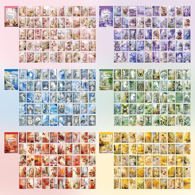 6 Sets 300 Pcs Washi Stickers Set Colorful Dreams Sticker Book for Journaling, DIY Decorative Paper Sticker Decals for Bullet Journal Art Scrapbooking Diary Card Craft Gift Album Notebook Stationery