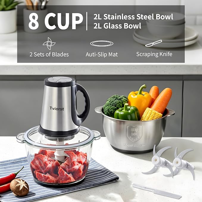 Electric Food Processor, 3-Speed Food Chopper with Meat Grinder & Vegetable Chopper - 2 Bowls (8 Cup Stainless Steel+8 Cup Glass) with Powerful 300W Copper Motor, 2 Bi-Level S Blades