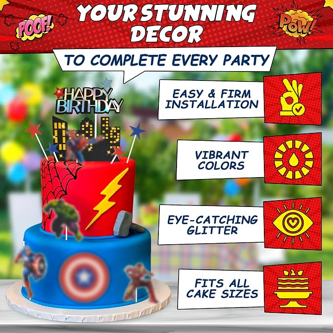 Superhero Birthday Decorations - 11Pcs Colorful Superhero Cake Topper with Bold Action Figures, Sturdy Cardboard & Installation Stick, Easy to Use, Super Hero Birthday Decorations for Boys & Girls