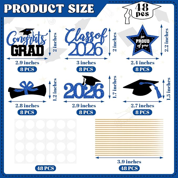 48 PCS Grad Cupcake Toppers, 6 Styles Graduation Cake Topper, Congrats Graduation Decorations 2026, Glittery Black and Blue Cap and Diploma Cake Picks for Grad Decor Party Supplies