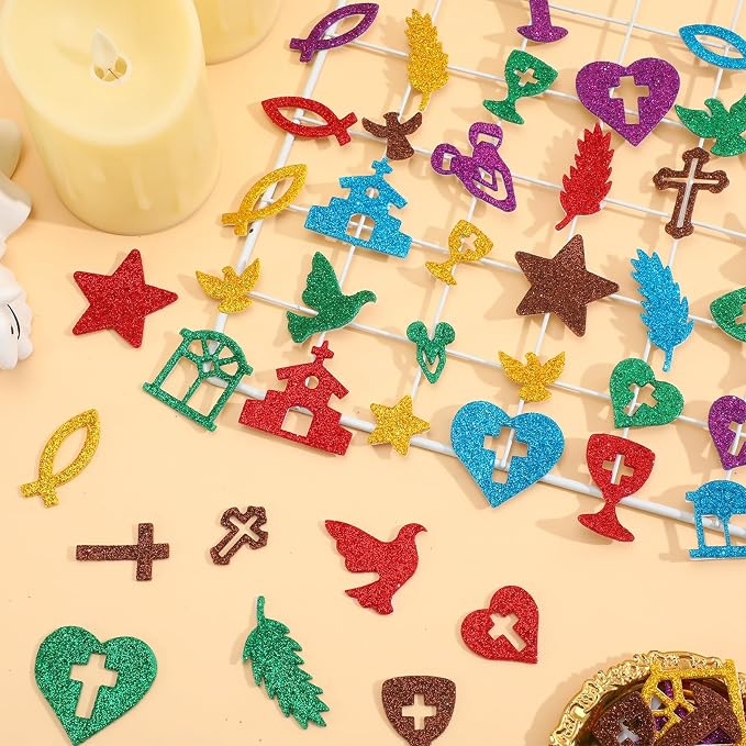 600Pcs Christian Glitter Foam Stickers Adhesive Bible Stickers | Religious Jesus Cross Decals for Kids, Sunday School Classroom Projects Activity, DIY Crafts Art, Party Favors Decorations