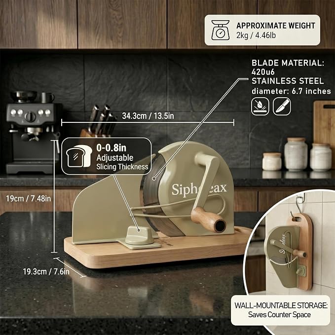 Manual Adjustable Sourdough Bread Slicer for Homemade Bread | Homemade bread and sourdough rounds, hand crank control, wall-mount storage, 0-0.8 in slices, no assembly, 420U6 blade
