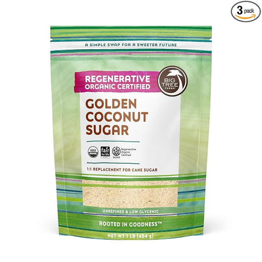 Big Tree Farms Organic Golden Coconut Sugar - Coconut Palm Sugar, Unrefined, Fine Crystals, Cane Sugar Replacement, Coconut Blossom Nectar, Vegan, Perfect for Baking - 16 Oz (Pack of 3)