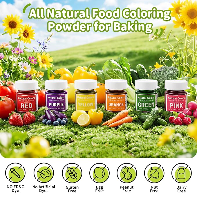 Natural Food Coloring Powder Set - No Artifical Dyes, Vivid Powder Food Color Dye, Water Based All Nature Colorants for Cake, Frosting, Cookies, Baking, Red Green Pink Purple Orange Yellow,3g/Jar