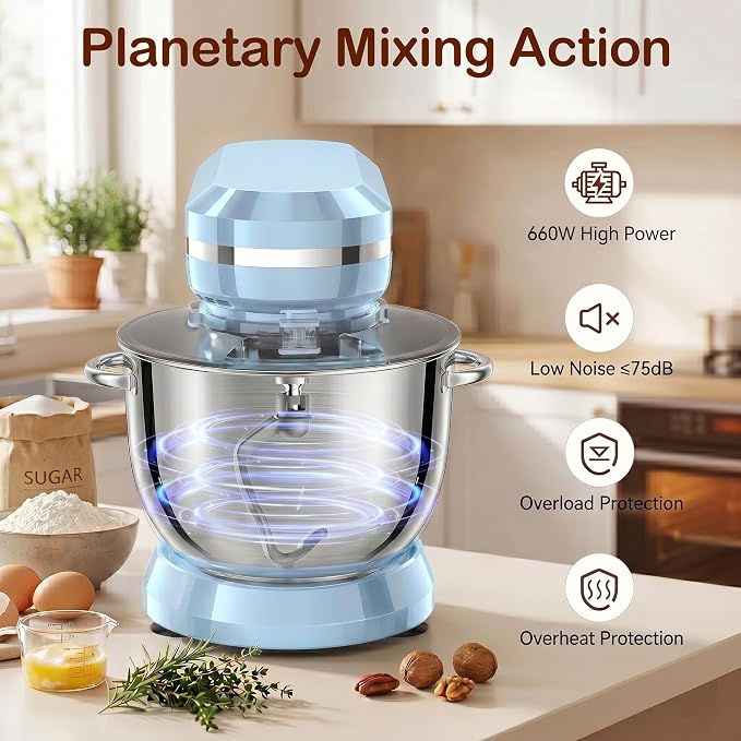 Stand Mixer, 6.5 Quart, 660W, Tilt-Head Food Mixer with 10+ Speeds, Stainless Steel, Multifunctional, for Bread Dough and Cake (Blue)