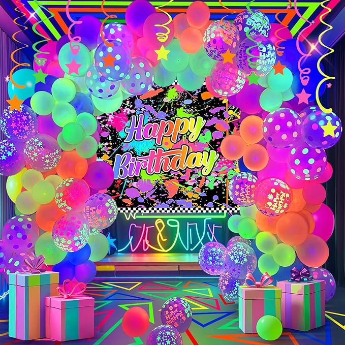 150 Pcs Neon Balloons Arch Garland Kit, Glow in the Dark Neon Birthday Party Decorations, Balloons for Back to 80S 90S Glow in the Dark Birthday Decorations